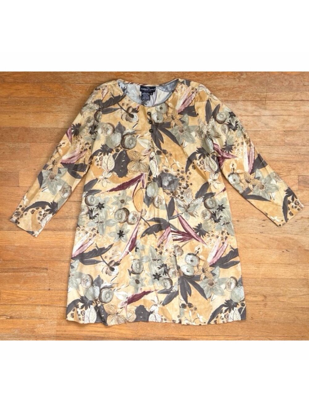 Vintage Floral & Kiwi Print Dress Size Medium 90s Carole Little Rayon Shift
